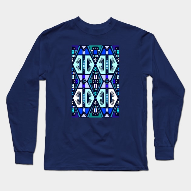 Manjak African Wax Textile Tribal Mudcloth Symmetrical Pattern Blues Long Sleeve T-Shirt by Tony Cisse Art Originals